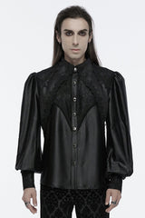 Black Long Puff Sleeves Spliced Lace Men's Gothic Shirt - Black - 1