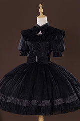 Black Identity V Gardener Inspired Short Sleeves Jacquard Bow Lace-Up Gothic Lolita Dress Set - Product - 2