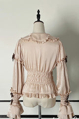 [Teddy Bear Chocolate] Round Collar Long Trumpet Sleeves Ruffle Bowknot Sweet Lolita Blouse 3 Colors - Product - 4