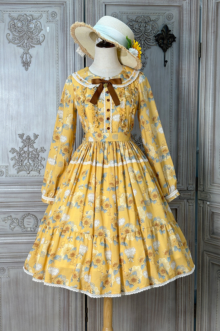 Yellow [Gardening Sunflower] Long Sleeves Print Ruffle Bowknot Sweet Elegant Lolita Dress - Product - 3