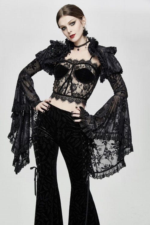Black Adjustable Flocking Ribbons Decorated Lace Halter Gothic Corset - Product - 4