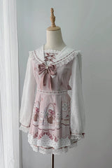 White/Pink [Strawberry Bunny] Navy Collar Long Sleeves Double-Layered Printed Ruffled Bow Lace Sweet Japanese Jirai Kei Dress - White/Pink(Set) - 1