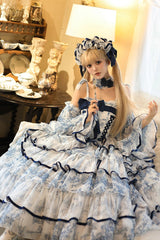 Blue/White Sleeveless Multi-Layered Print Bowknot Fishbone Sweet Classic Chinese Style Lolita Jsk Long Dress - Product - 7