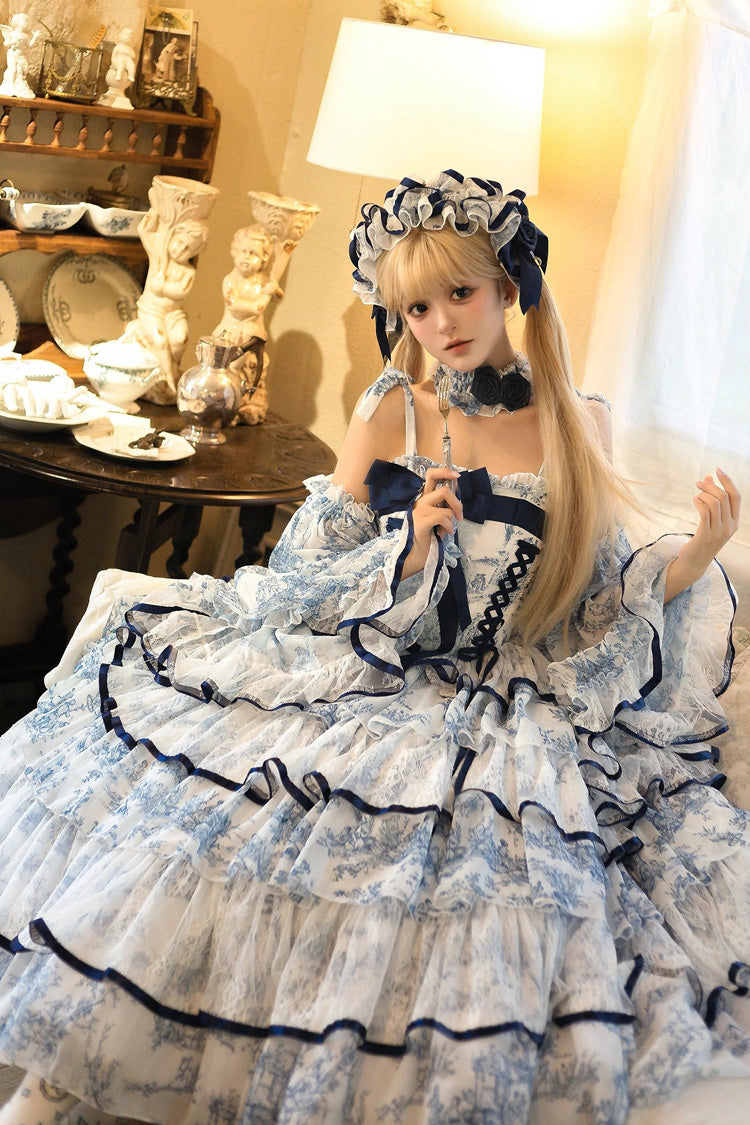 Blue/White Sleeveless Multi-Layered Print Bowknot Fishbone Sweet Classic Chinese Style Lolita Jsk Long Dress - Product - 7