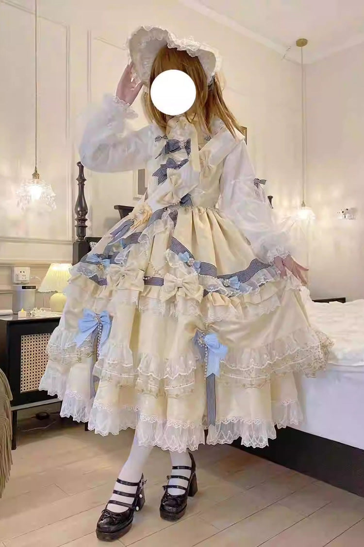 Gold Long Sleeves Multi-Layered Ruffle Bowknot Lace Sweet Princess Lolita Dress - Product - 6