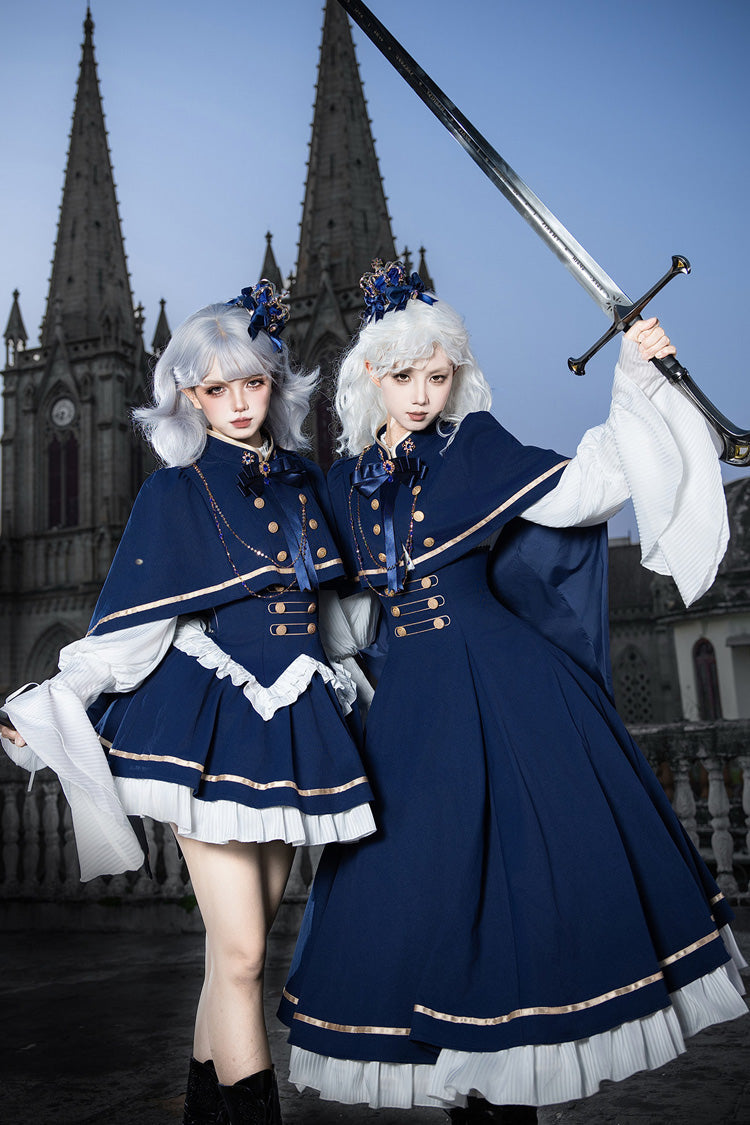 Blue [Eternal Crown] Stand Collar Long Lantern Sleeves Ruffled Color-Blocked Faux Two-Piece Classic Royal Lolita Dress 2 Versions - Product - 11