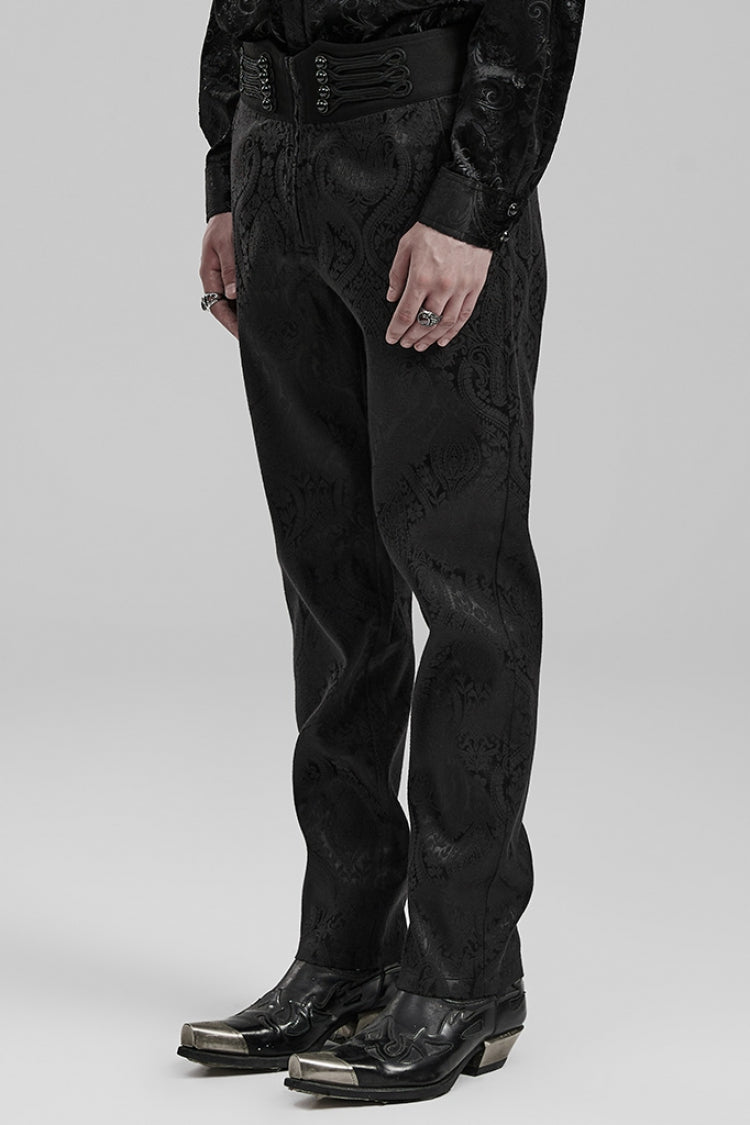 Black Jacquard Floral Print Decal Decoration Men's Gothic Pants - Product - 2