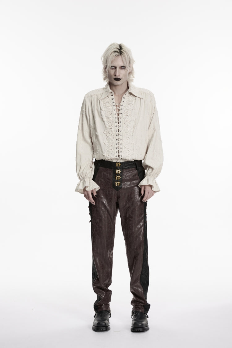 White Lapel Collar Long Sleeves Lace-Up Men's Gothic Shirt - White - 1