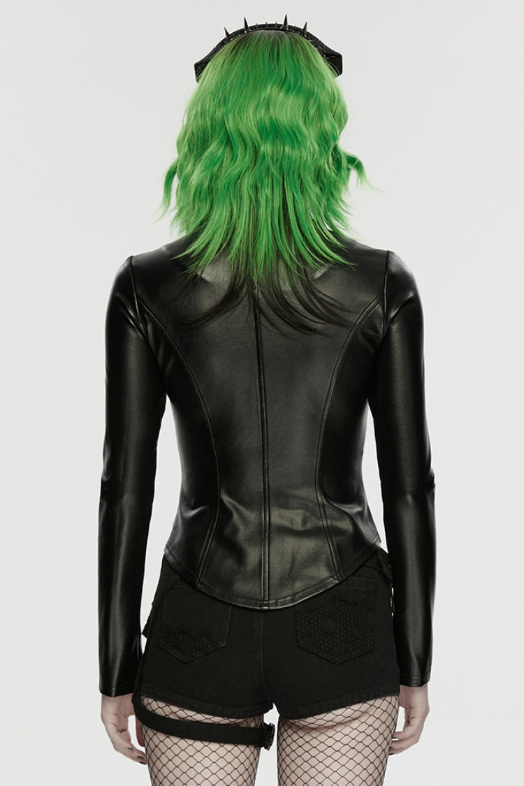 Black Stand Collar Long Sleeves Embossed Slim Women's Punk Jacket - Product - 3