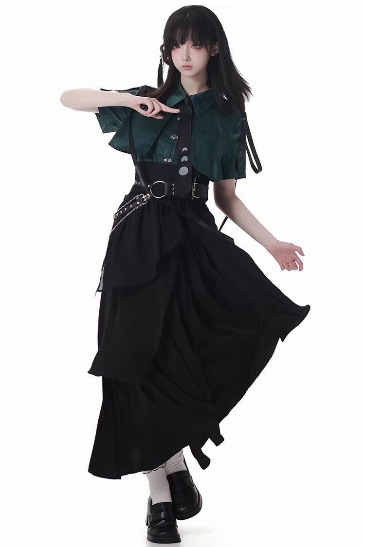 Green/Black [Moonlight Flowing] Long/Short Sleeves Ruffled Asymmetric Gothic Jirai Kei Skirt Set - Product - 9