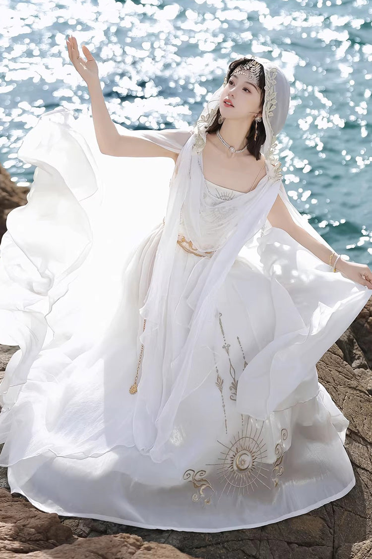 White [Aurelia of the Holy Light] Square Collar Printed Embroidered Chain-Decorated Sweet Elegant Lolita Dress - Product - 2