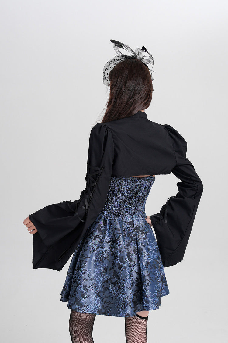 Blue Sleeveless Jacquard Printed Spliced Lace-Up Gothic Vintage Lolita Jsk Dress - Product - 4