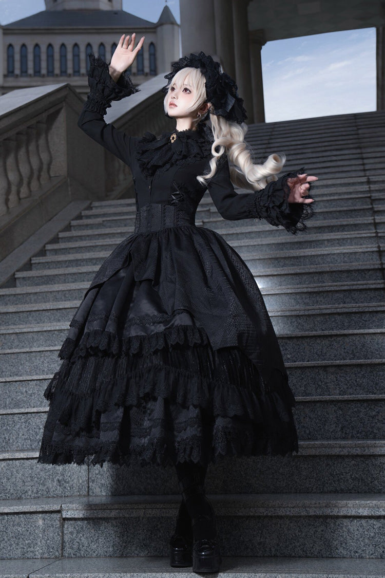 Black [Immortality Taboo] Multi-Layered Ruffled Open-Front Lace Elegant Gorgeous Gothic Lolita Skirt - Product - 9
