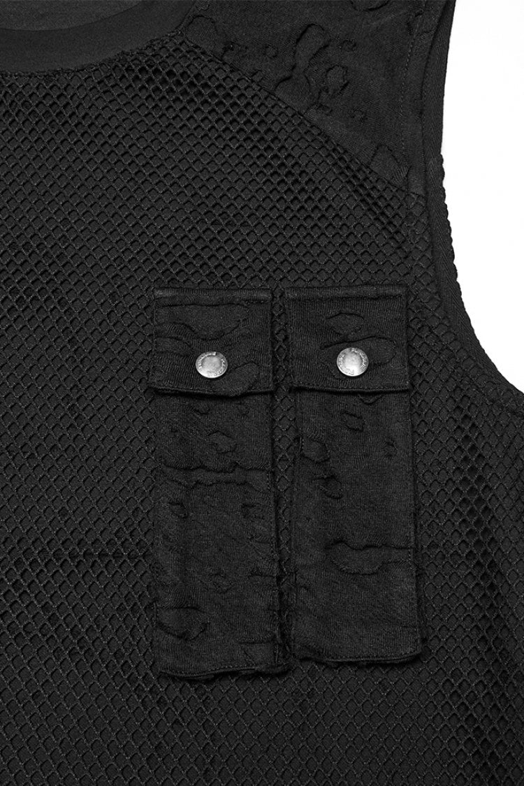 Black Round Collar Sleeveless Stitching Mesh Ripped Men's Punk Vest - Product - 6