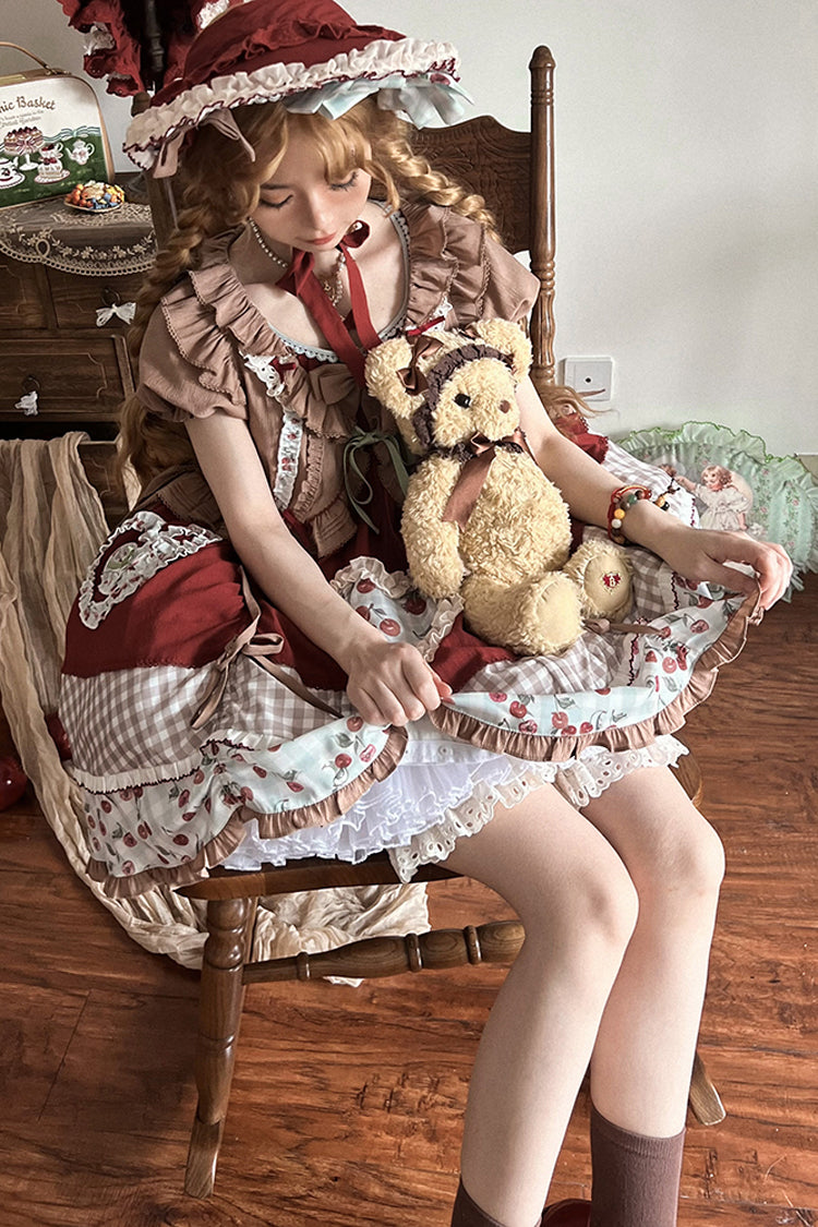 Multi-Color Cherry Print Short Sleeves Multi-Layered Ruffle Embroidery Sweet Lolita Dress - Product - 7
