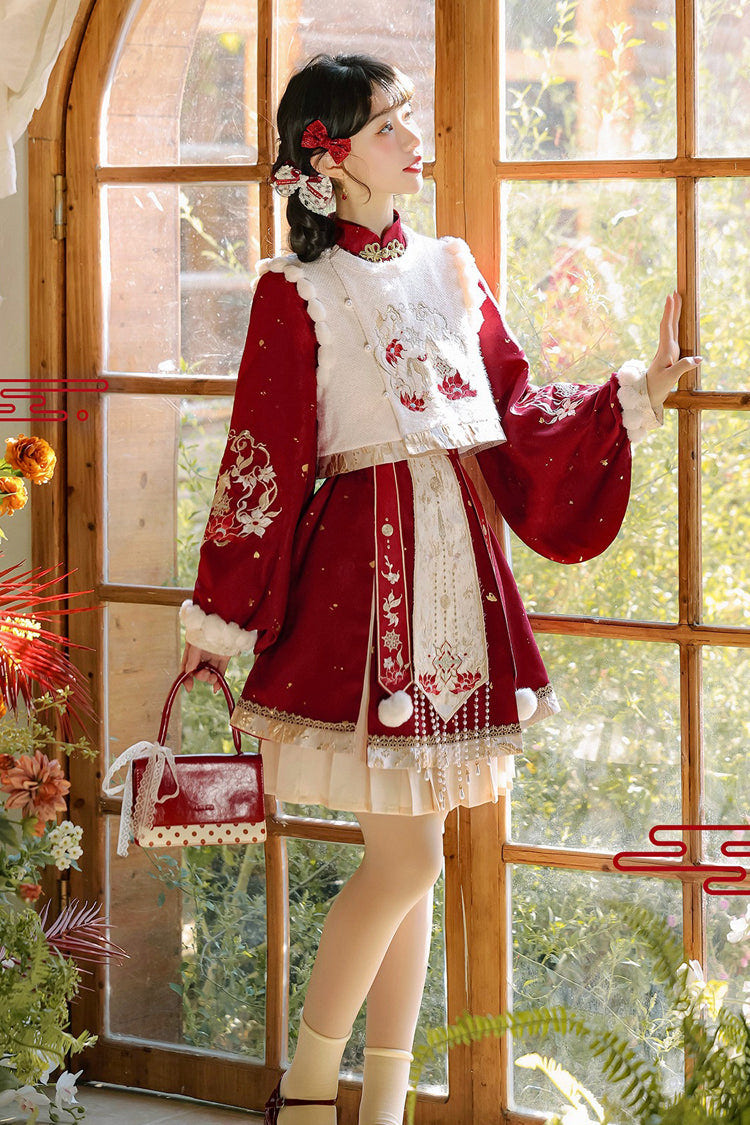 Red Round Collar Long Lantern Sleeves High Waisted Embroidered Women's Sweet Hanfu Dress Set - Product - 7