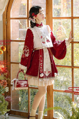 Red Round Collar Long Lantern Sleeves High Waisted Embroidered Women's Sweet Hanfu Dress Set - Product - 7