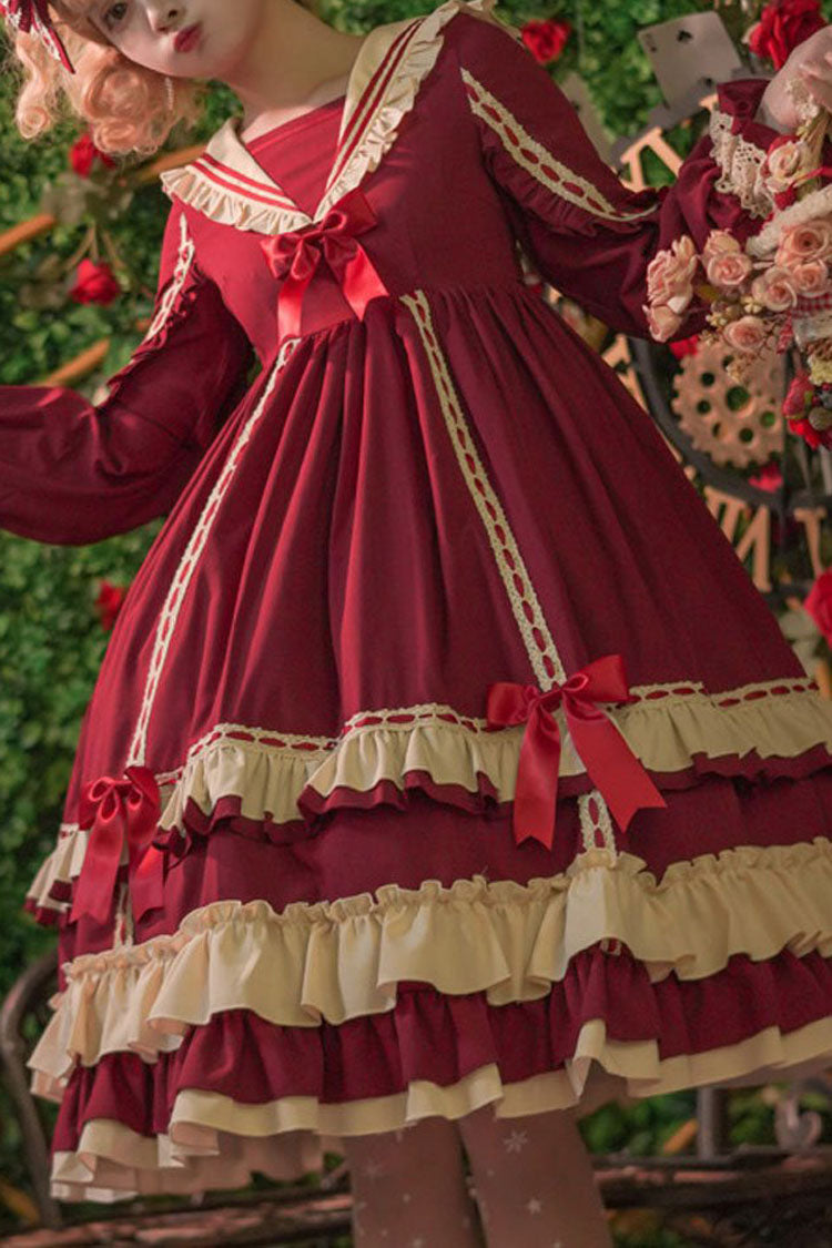 Court Style Long Sleeves High Waisted Bowknot Ruffled Multi-Layer Classic Lolita Op Dress - red - 1