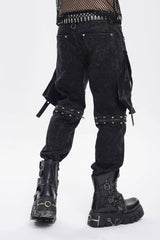 Black Spliced Detachable Studded Eyelet Men's Punk Cool Pants With Big Pockets - Product - 5