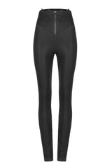 Black Bat Embroidered Waist Elastic Fine-Grained Fluff Metal Zipper Design Tight Women's Punk Leather Pants - Product - 5