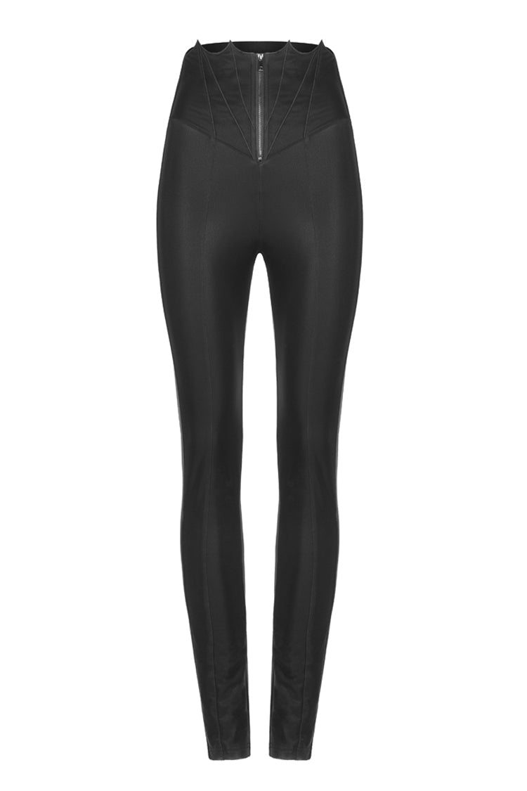 Black Bat Embroidered Waist Elastic Fine-Grained Fluff Metal Zipper Design Tight Women's Punk Leather Pants - Product - 5
