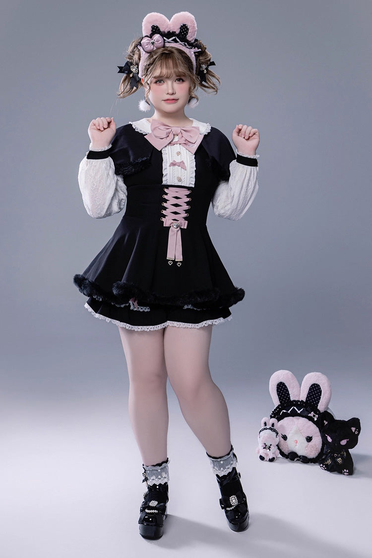 ブラック 長袖 フリル リボン レースアップ 和風 地雷系 ワンピース ショートパンツ Plush セット 商品画像