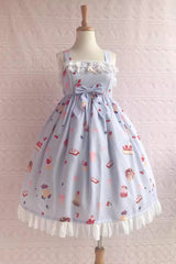 Strawberry Fruit Dessert Print Ruffle Bowknot Lace Sweet Lolita Jsk Dress 5 Colors - Blue - 4