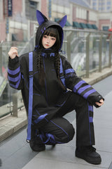 Blue/Black Long Sleeves Print Cat Ears Hooded Jirai Kei Handsome Coat - Product - 10