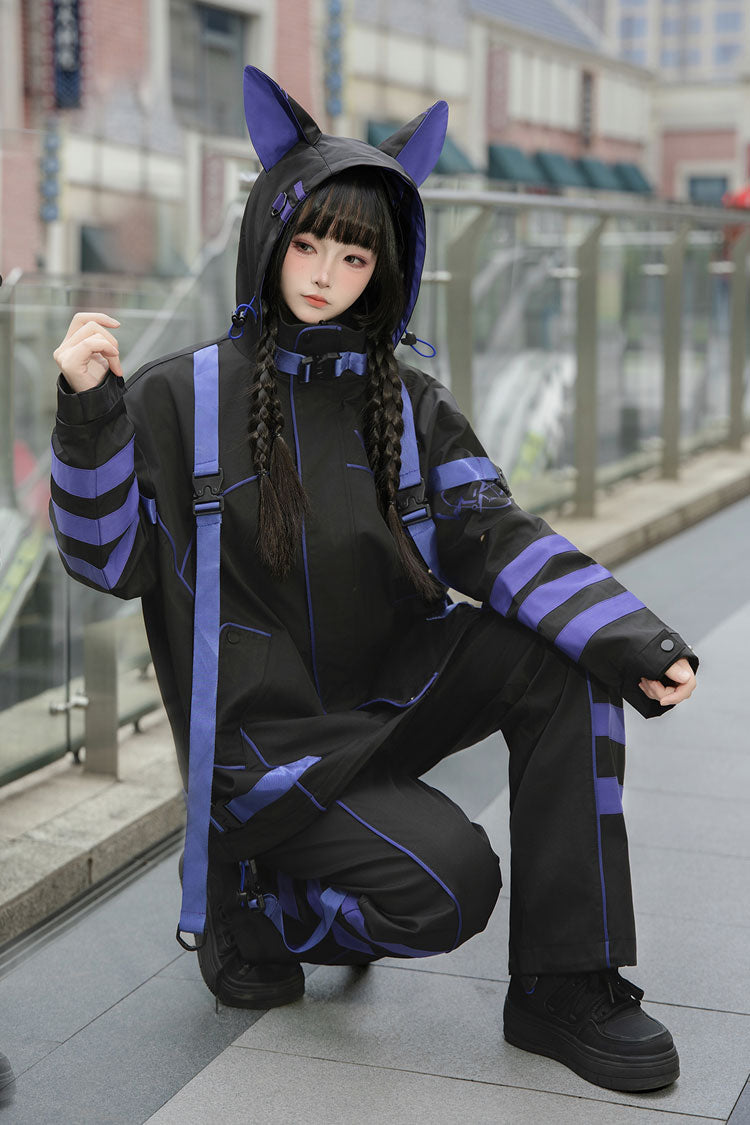 Blue/Black Long Sleeves Print Cat Ears Hooded Jirai Kei Handsome Coat - Product - 10
