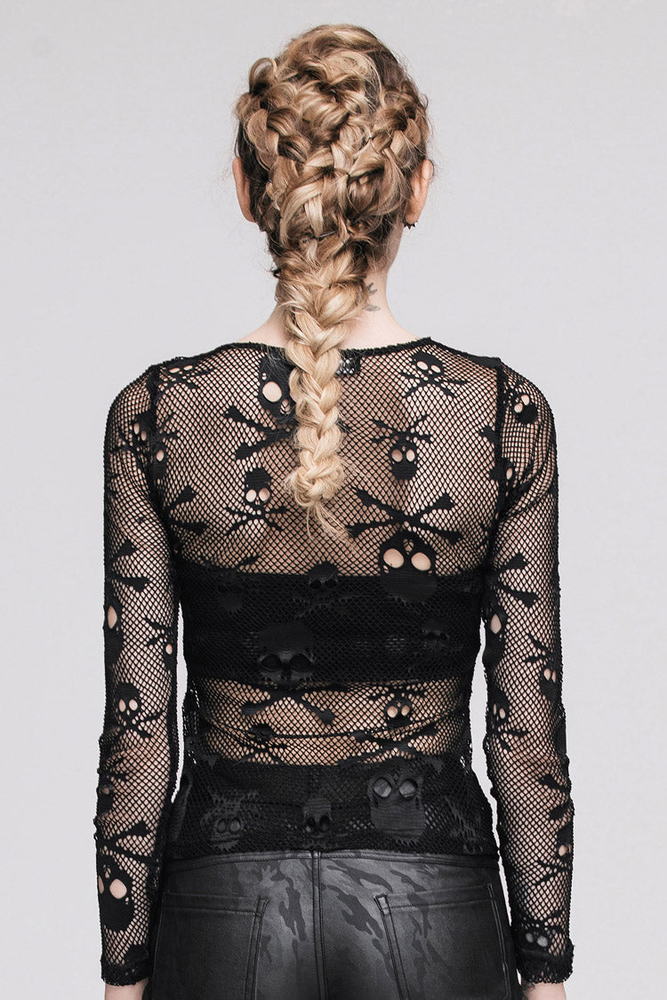 Black Skull Knit Long-Sleeve Open-Neck Round Collar Elastic Women's Punk Shirt - Product - 7