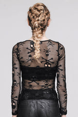Black Skull Knit Long-Sleeve Open-Neck Round Collar Elastic Women's Punk Shirt - Product - 7