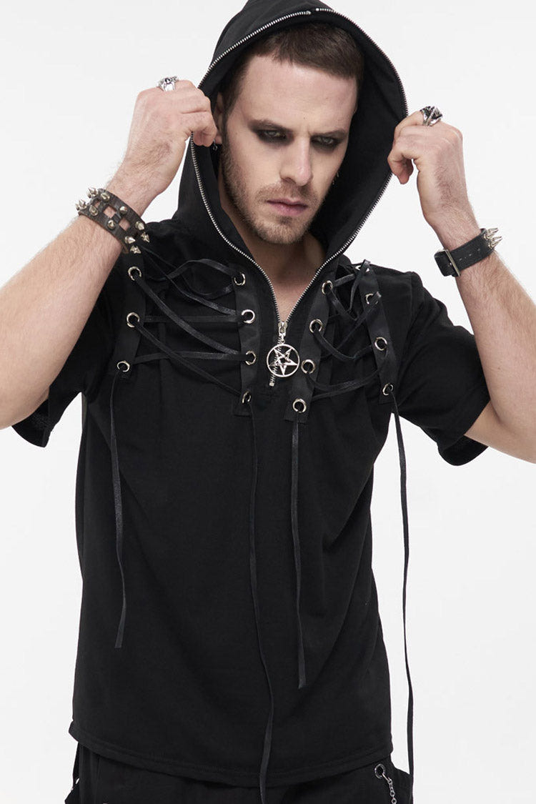 Black Punk Short Sleeve Metal Zipper Lace-Up Knit Loose Casual Hooded Men's T-Shirt - Product - 4