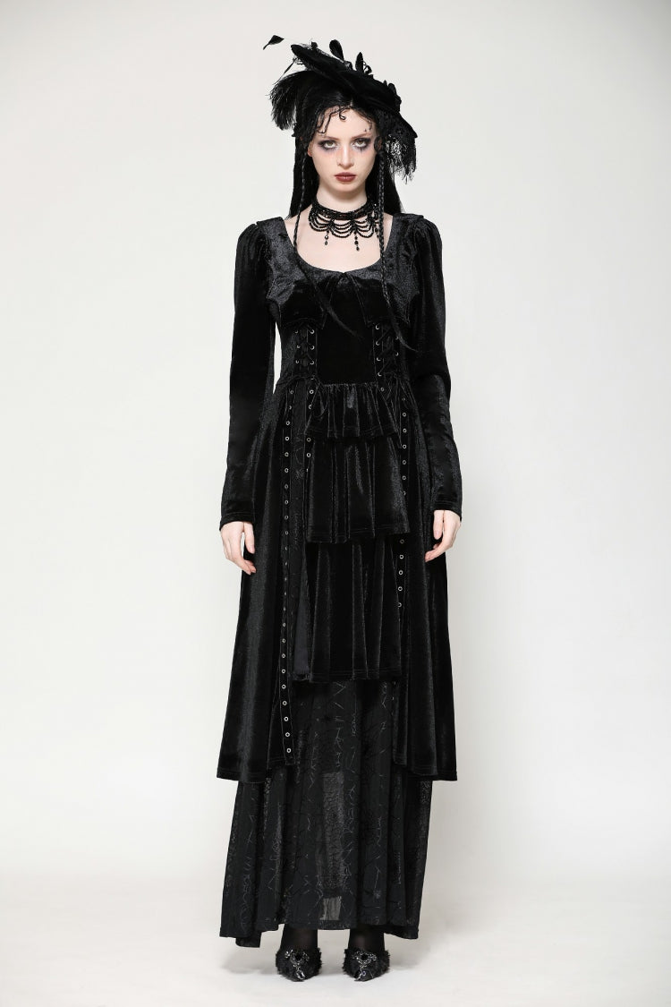 Black Long Sleeves Eyelets Side Slit Women's Gothic Maxi Dresses Wedding Dress - Product - 5