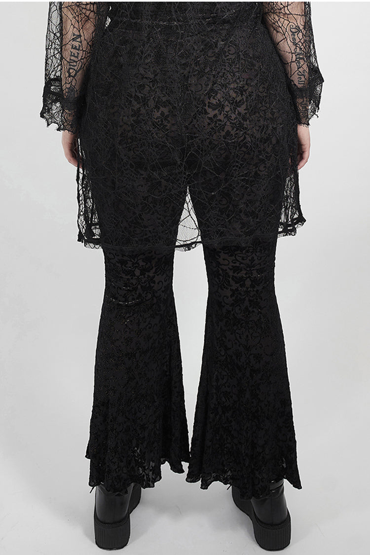 Black Plus Size Velvet Print Front Decals Knit Flare Women's Gothic Pants - Product - 3