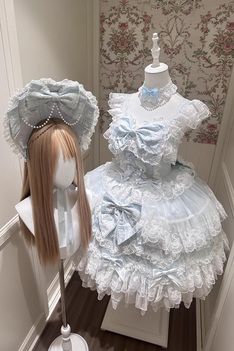 Blue [Sakura Dream Romance] Sleeveless Multi-Layered Ruffled Hanayome Bow Lace Sweet Princess Lolita Jsk Dress - Product - 9