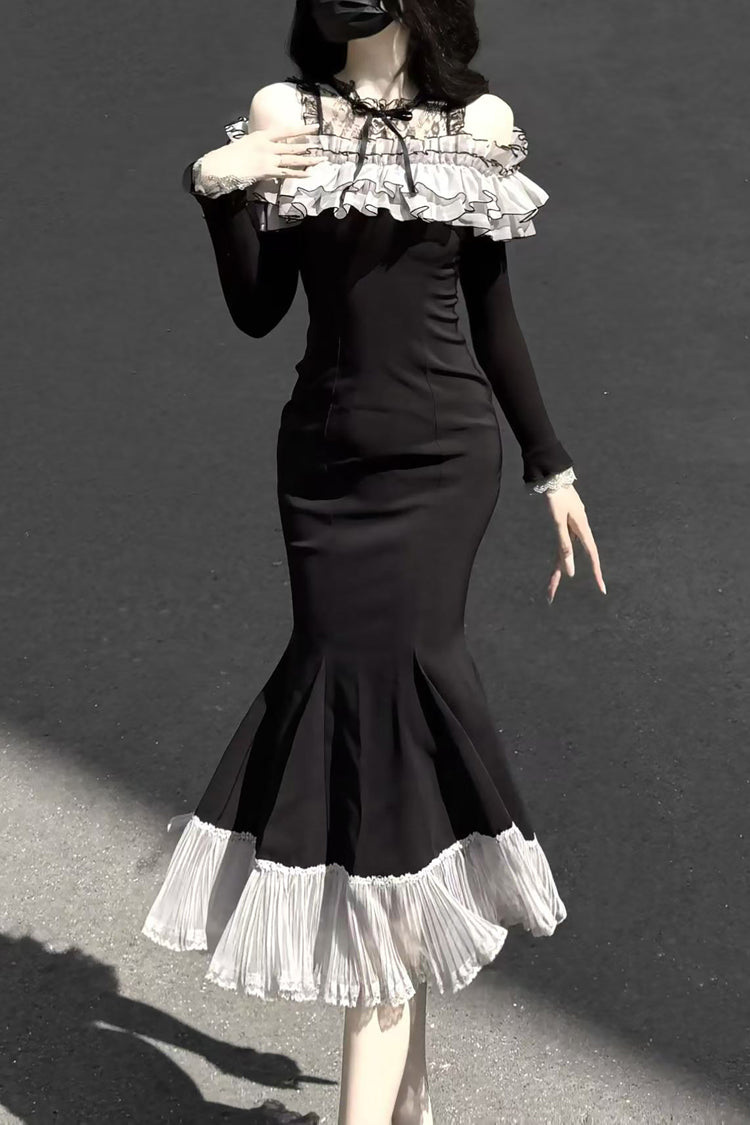Black [Night Cherry Blossoms] Long Sleeves Ruffle Bowknot Daily Sweet Elegant Lolita Fishtail Dress - Product - 13