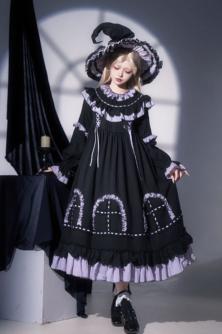 Black [Twin Lilian] Round Collar Long Sleeves Double-Layered Ruffled Bow Lace-Up Gothic Lolita Dress - Black - 1