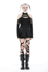Black Off Shoulder Long Sleeves Cut-Out Spliced Mesh Women's Punk Top - Product - 5