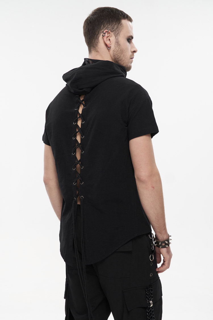 Black Hooded Mesh Splice Zipper Back Openwork Lace-Up Casual Short Sleeve Men's Punk T-Shirt - Product - 3