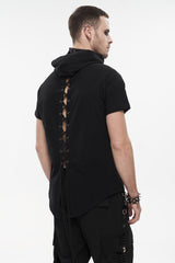 Black Hooded Mesh Splice Zipper Back Openwork Lace-Up Casual Short Sleeve Men's Punk T-Shirt - Product - 3