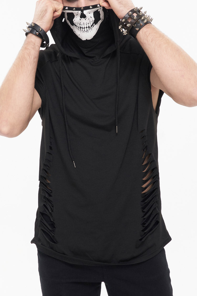 Black Skull Print Super High Neck Masked Rivet Hole Hooded Short Sleeve Men's Punk T-Shirt - Black - 1