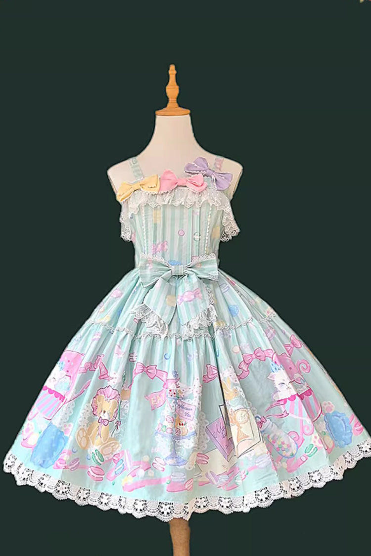 Green [Macaron Dolly House] Sleeveless Print Bowknot Sweet Lolita Jsk Dress - Green - 1