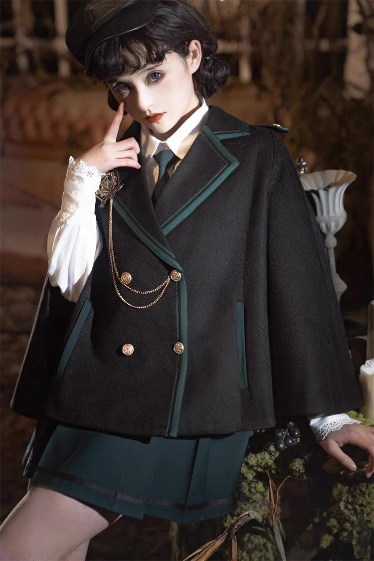 Black/Green Magic Academy Lapel Collar Gothic Vintage College Style Lolita Skirt Full Set - Product - 3