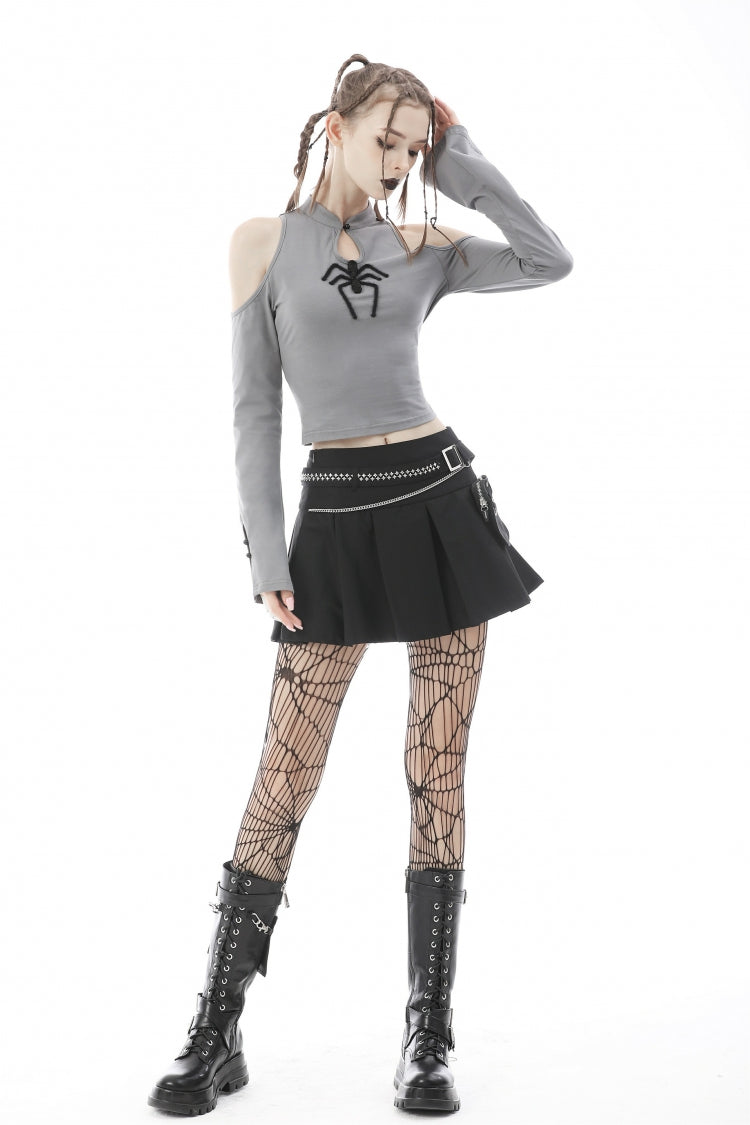 Black Pleated Big-pocket Chain-Decorated Women's Punk Mini Skirt with Belt - Product - 2