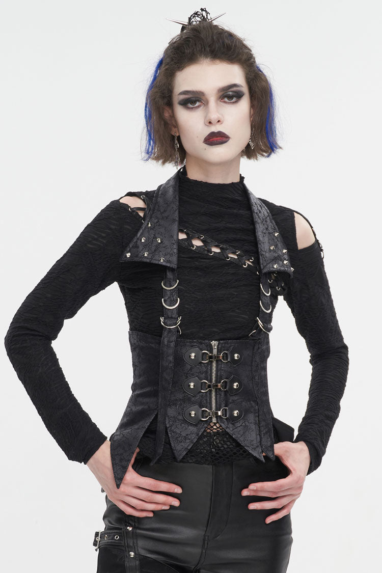 Black Irregular Lace Up Women's Gothic Vest With Detachable Collar - Black - 1