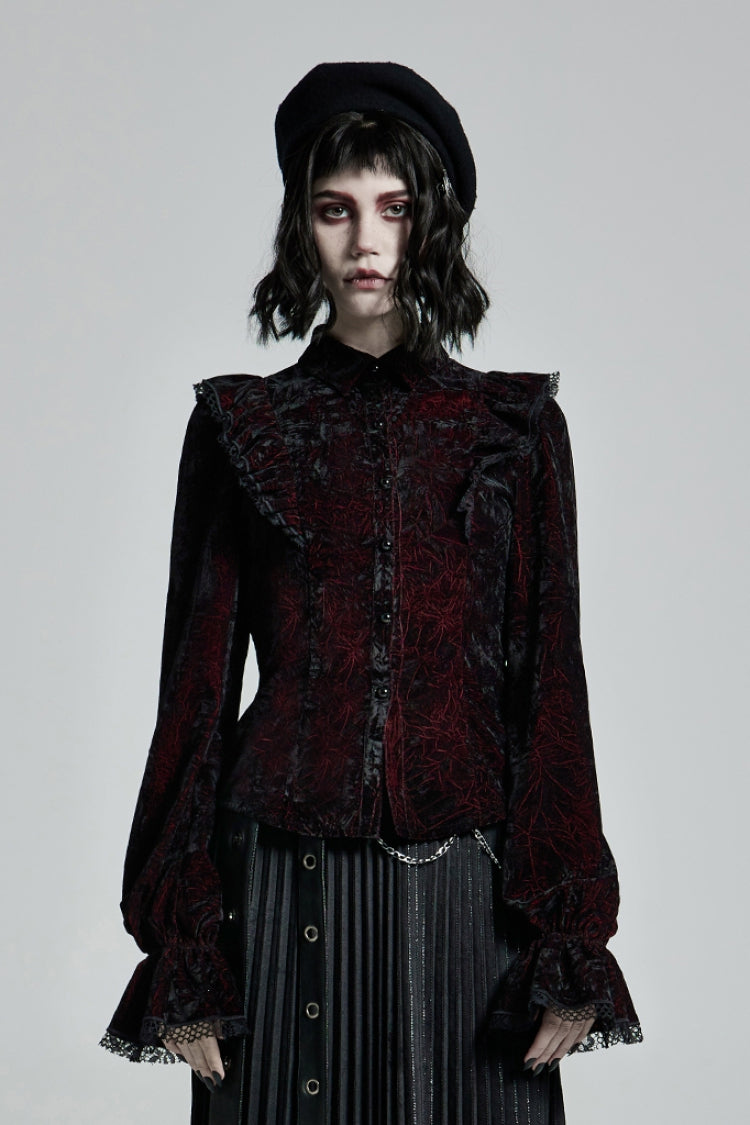 Black/Red Stand Collar Floral Embroidery Lace Women's Gothic Blouse - Black/Red - 1