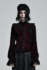 Black/Red Stand Collar Floral Embroidery Lace Women's Gothic Blouse - Black/Red - 1