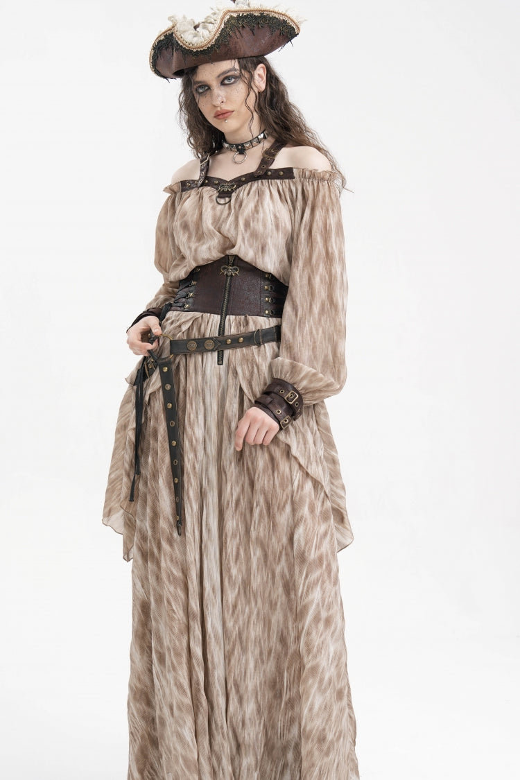 Apricot Ruffle Lace-Up Women's Gothic Eyelets Rivets Long Skirt - Product - 6