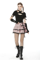 Pink Rock Heart Plaid Double-Layered Ruffled Women's Lolita Mini Skirt with Lace Hem - Product - 10
