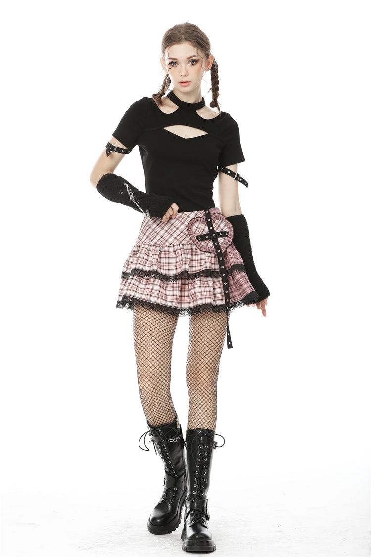 Pink Rock Heart Plaid Double-Layered Ruffled Women's Lolita Mini Skirt with Lace Hem - Product - 10